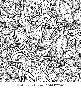 Tracery seamless pattern. Mehndi design. Ethnic monochrome binary doodle texture. Curved doodling black and white background. Vector