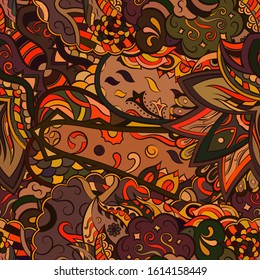 Tracery seamless pattern. Mehndi design. Ethnic colorful doodle texture. Curved doodling background. Vector