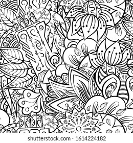 Tracery seamless pattern. Mehndi design. Ethnic monochrome binary doodle texture. Curved doodling black and white background. Vector