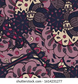 Tracery seamless pattern. Mehndi design. Ethnic colorful doodle texture. Curved doodling background. Vector