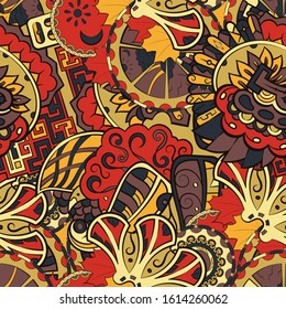 Tracery seamless pattern. Mehndi design. Ethnic colorful doodle texture. Curved doodling background. Vector