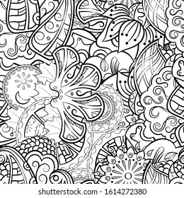 Tracery seamless pattern. Mehndi design. Ethnic monochrome binary doodle texture. Curved doodling black and white background. Vector