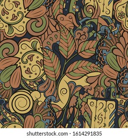 Tracery seamless pattern. Mehndi design. Ethnic colorful doodle texture. Curved doodling background. Vector