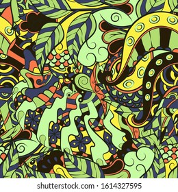 Tracery seamless pattern. Mehndi design. Ethnic colorful doodle texture. Curved doodling background. Vector