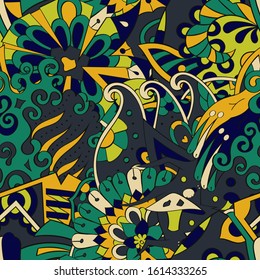 Tracery seamless pattern. Mehndi design. Ethnic colorful doodle texture. Curved doodling background. Vector