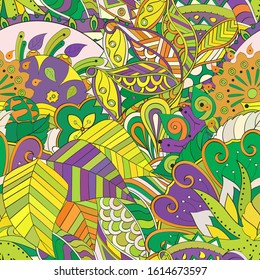Tracery seamless pattern. Mehndi design. Ethnic colorful doodle texture. Curved doodling background. Vector