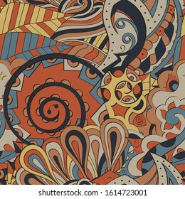 Tracery seamless pattern. Mehndi design. Ethnic colorful doodle texture. Curved doodling background. Vector