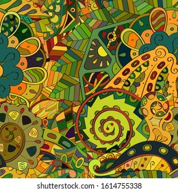 Tracery seamless pattern. Mehndi design. Ethnic colorful doodle texture. Curved doodling background. Vector