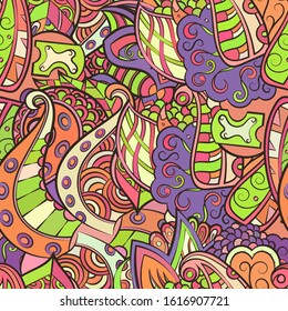 Tracery seamless pattern. Mehndi design. Ethnic colorful doodle texture. Curved doodling background. Vector