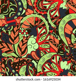 Tracery seamless pattern. Mehndi design. Ethnic colorful doodle texture. Curved doodling background. Vector