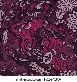 Tracery seamless pattern. Mehndi design. Ethnic colorful doodle texture. Curved doodling background. Vector