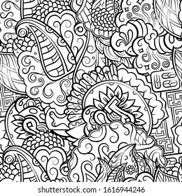 Tracery seamless pattern. Mehndi design. Ethnic monochrome binary doodle texture. Curved doodling black and white background. Vector