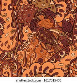 Tracery seamless pattern. Mehndi design. Ethnic colorful doodle texture. Curved doodling background. Vector