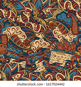 Tracery seamless pattern. Mehndi design. Ethnic colorful doodle texture. Curved doodling background. Vector