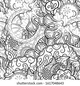 Tracery seamless pattern. Mehndi design. Ethnic monochrome binary doodle texture. Curved doodling black and white background. Vector