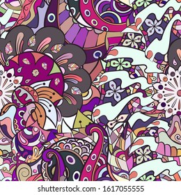 Tracery seamless pattern. Mehndi design. Ethnic colorful doodle texture. Curved doodling background. Vector