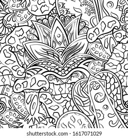 Tracery seamless pattern. Mehndi design. Ethnic monochrome binary doodle texture. Curved doodling black and white background. Vector