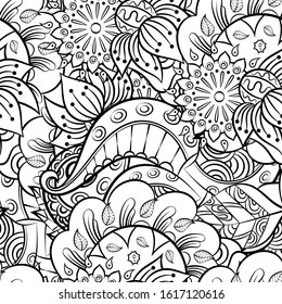 Tracery seamless pattern. Mehndi design. Ethnic monochrome binary doodle texture. Curved doodling black and white background. Vector