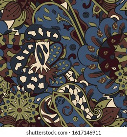 Tracery seamless pattern. Mehndi design. Ethnic colorful doodle texture. Curved doodling background. Vector