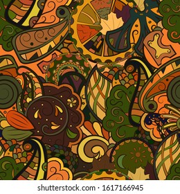 Tracery seamless pattern. Mehndi design. Ethnic colorful doodle texture. Curved doodling background. Vector