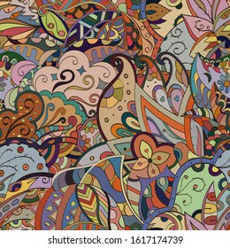 Tracery seamless pattern. Mehndi design. Ethnic colorful doodle texture. Curved doodling background. Vector