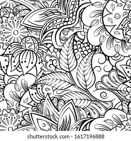 Tracery seamless pattern. Mehndi design. Ethnic monochrome binary doodle texture. Curved doodling black and white background. Vector