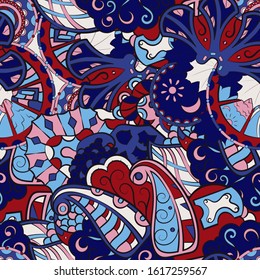 Tracery seamless pattern. Mehndi design. Ethnic colorful doodle texture. Curved doodling background. Vector