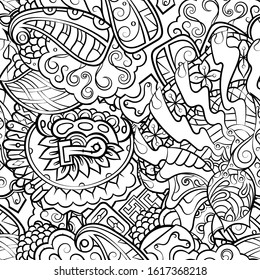 Tracery seamless pattern. Mehndi design. Ethnic monochrome binary doodle texture. Curved doodling black and white background. Vector