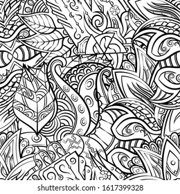 Tracery seamless pattern. Mehndi design. Ethnic monochrome binary doodle texture. Curved doodling black and white background. Vector