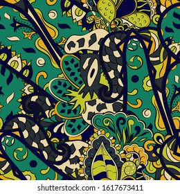 Tracery seamless pattern. Mehndi design. Ethnic colorful doodle texture. Curved doodling background. Vector