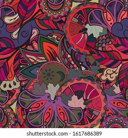 Tracery seamless pattern. Mehndi design. Ethnic colorful doodle texture. Curved doodling background. Vector