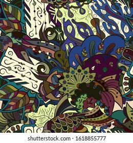 Tracery seamless pattern. Mehndi design. Ethnic colorful doodle texture. Curved doodling background. Vector