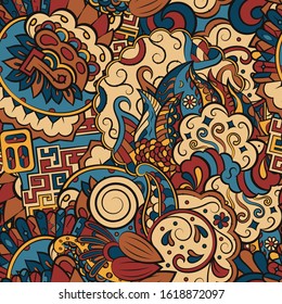 Tracery seamless pattern. Mehndi design. Ethnic colorful doodle texture. Curved doodling background. Vector