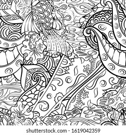 Tracery seamless pattern. Mehndi design. Ethnic monochrome binary doodle texture. Curved doodling black and white background. Vector