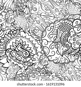 Tracery seamless pattern. Mehndi design. Ethnic monochrome binary doodle texture. Curved doodling black and white background. Vector