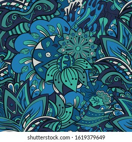 Tracery seamless pattern. Mehndi design. Ethnic colorful doodle texture. Curved doodling background. Vector
