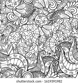 Tracery seamless pattern. Mehndi design. Ethnic monochrome binary doodle texture. Curved doodling black and white background. Vector