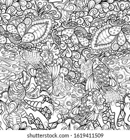Tracery seamless pattern. Mehndi design. Ethnic monochrome binary doodle texture. Curved doodling black and white background. Vector