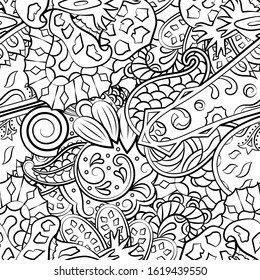 Tracery seamless pattern. Mehndi design. Ethnic monochrome binary doodle texture. Curved doodling black and white background. Vector