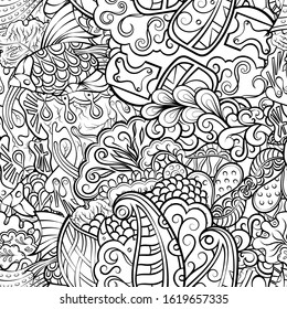 Tracery seamless pattern. Mehndi design. Ethnic monochrome binary doodle texture. Curved doodling black and white background. Vector
