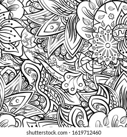 Tracery seamless pattern. Mehndi design. Ethnic monochrome binary doodle texture. Curved doodling black and white background. Vector