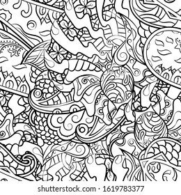 Tracery seamless pattern. Mehndi design. Ethnic monochrome binary doodle texture. Curved doodling black and white background. Vector