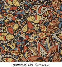 Tracery seamless pattern. Mehndi design. Ethnic colorful doodle texture. Curved doodling background. Vector