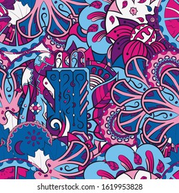 Tracery seamless pattern. Mehndi design. Ethnic colorful doodle texture. Curved doodling background. Vector