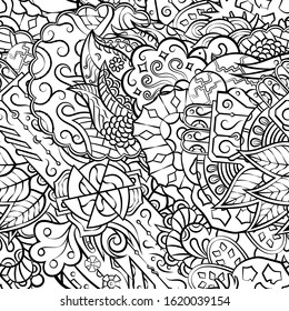 Tracery seamless pattern. Mehndi design. Ethnic monochrome binary doodle texture. Curved doodling black and white background. Vector