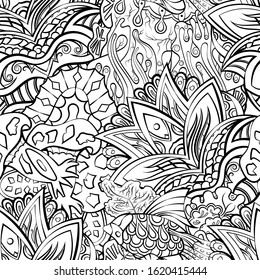 Tracery seamless pattern. Mehndi design. Ethnic monochrome binary doodle texture. Curved doodling black and white background. Vector