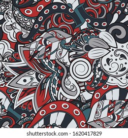 Tracery seamless pattern. Mehndi design. Ethnic colorful doodle texture. Curved doodling background. Vector