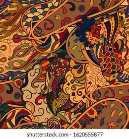 Tracery seamless pattern. Mehndi design. Ethnic colorful doodle texture. Curved doodling background. Vector