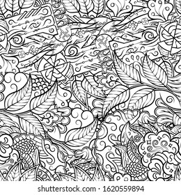 Tracery seamless pattern. Mehndi design. Ethnic monochrome binary doodle texture. Curved doodling black and white background. Vector