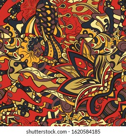 Tracery seamless pattern. Mehndi design. Ethnic colorful doodle texture. Curved doodling background. Vector